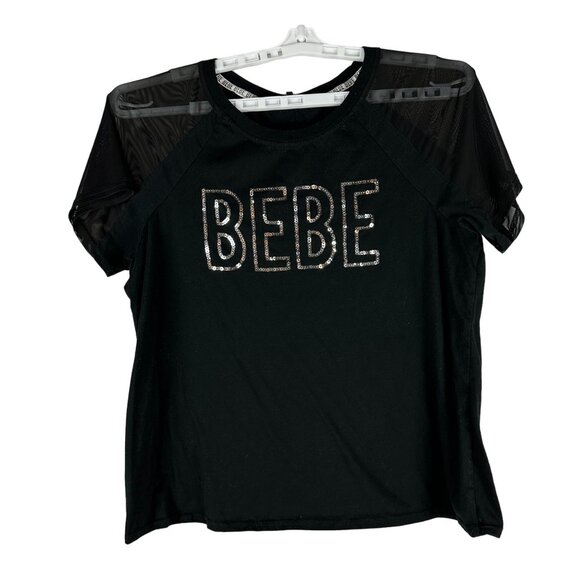 Bebe Sport Black Mesh Sleeve Logo T-Shirt With Sequins - Size 1X - Picture 1 of 4
